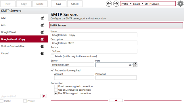 Predefined SMTP servers