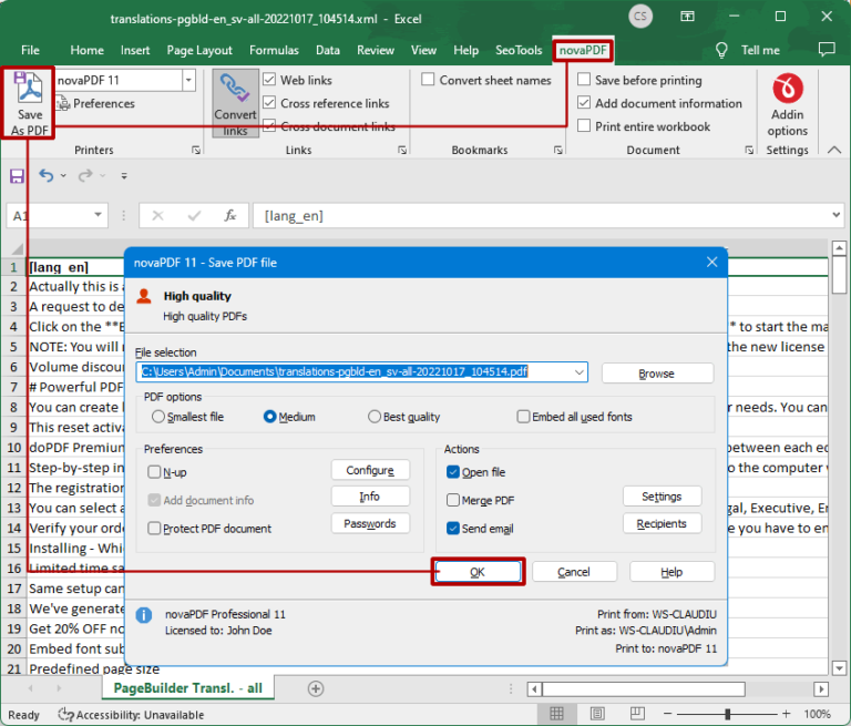 How to print excel to pdf with novapdf